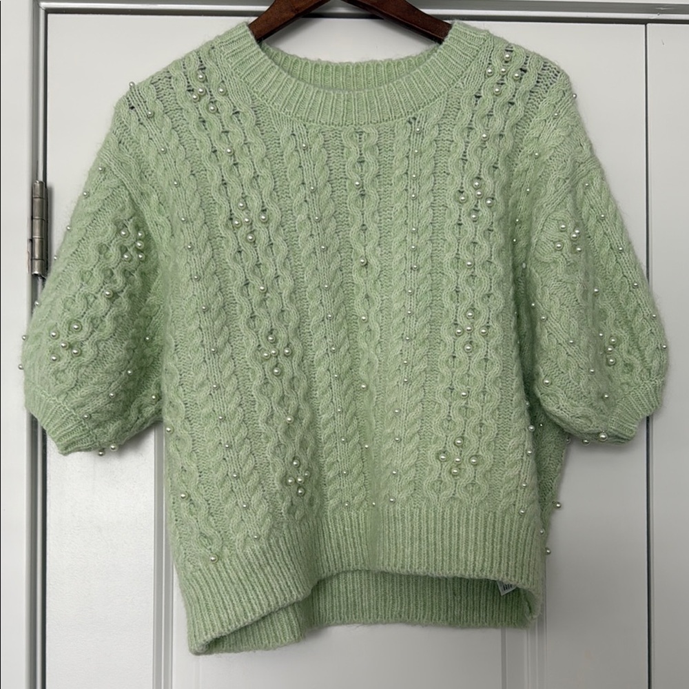 Zara Green Crew Neck Sweater with Textured Knit and Pearls